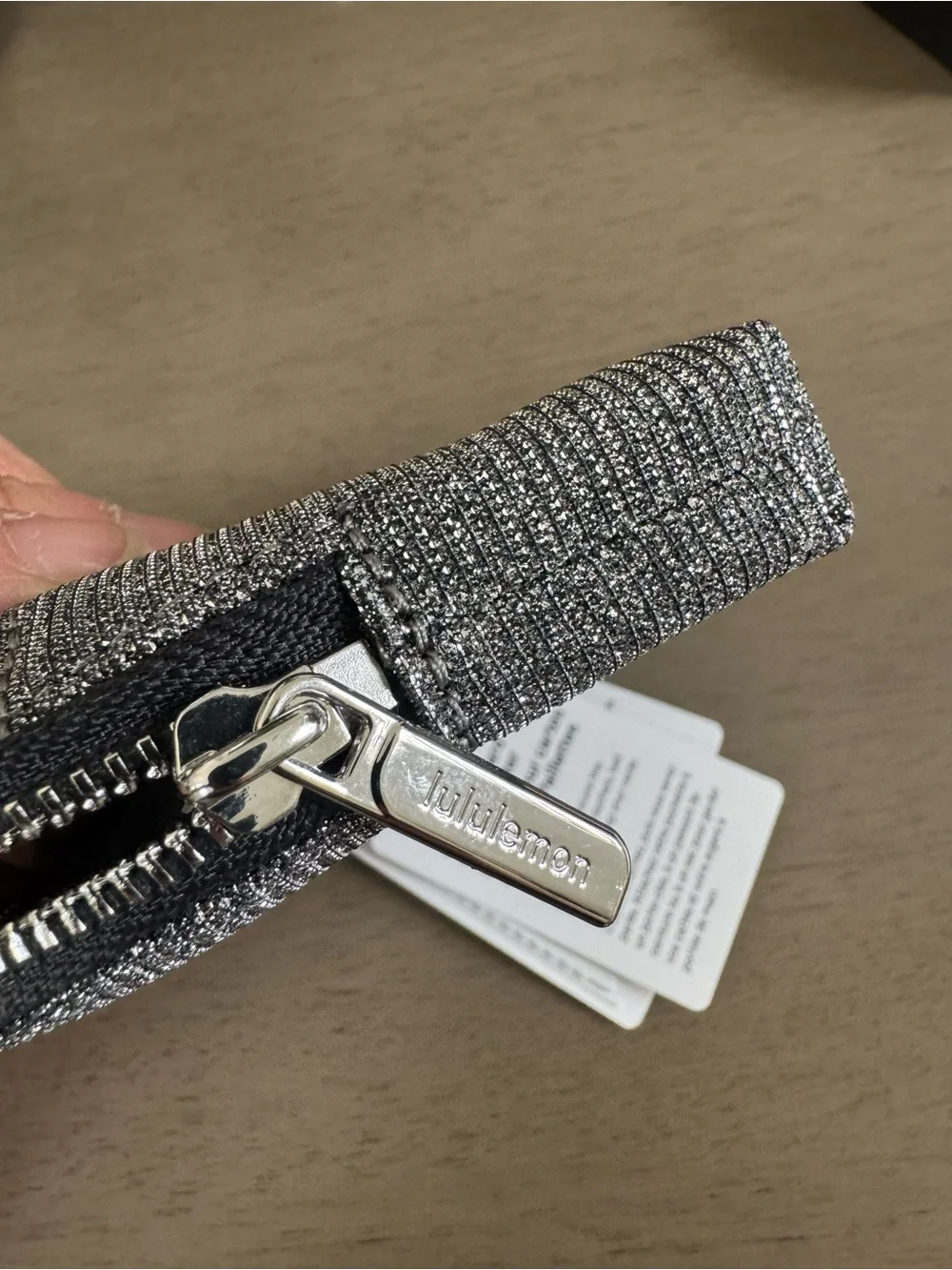 Lululemon Metallic Silver Glitter clippable card pouch